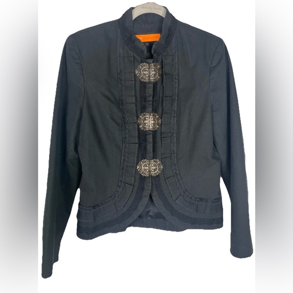 Vintage 90s Cynthia Steffe Black Lined‎ Blazer Jacket Ruffle Lace Trim Size 10 - Picture 1 of 6